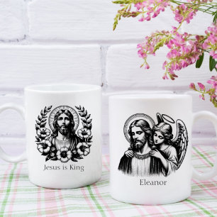 Caneca De Café Black White Floral Jesus Cristo Guardian Angel