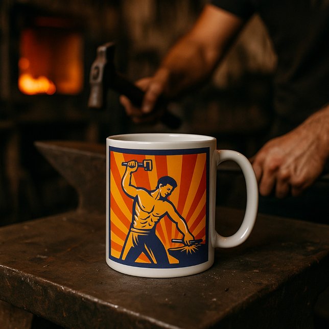 Caneca De Café Blacksmith Hammering Retro Strongman Labor (Criador carregado)