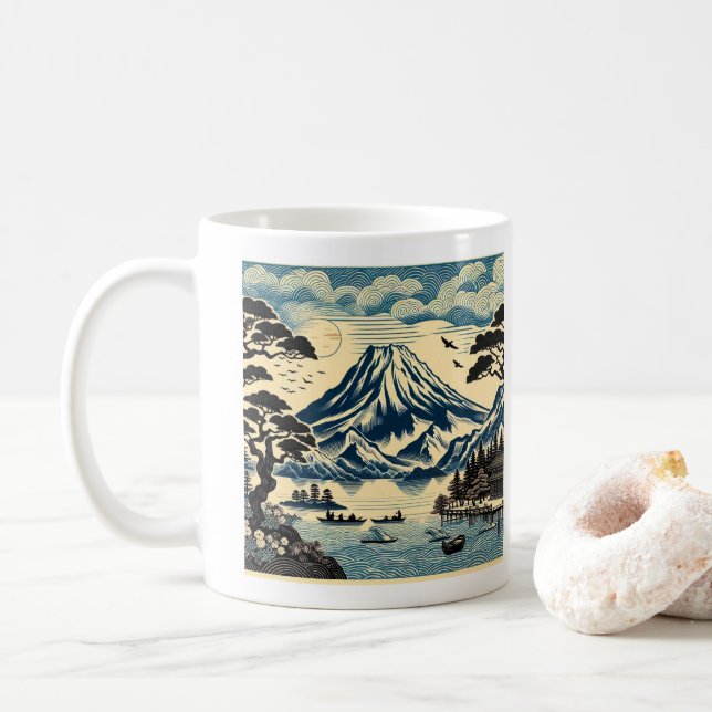 Caneca De Café Bloco de Madeira Japonês Monte Fuji Lago Barcos Pi (Com Donut)