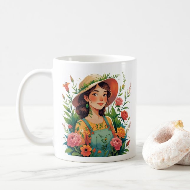 Caneca De Café Blooming Gardener - Lady Gardener with Flowers (Com Donut)