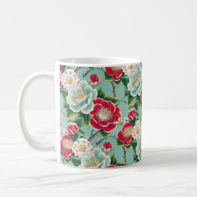 Caneca De Café Blooms de Chiyogami Red e White Camellia (Esquerda)