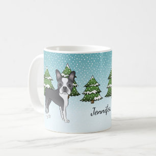 Caneca De Café Blue Boston Terrier em uma floresta e nome de inve