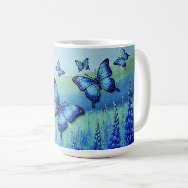 Caneca De Café Blue Butterflies with Blue Flowers, (Frente Esquerda)