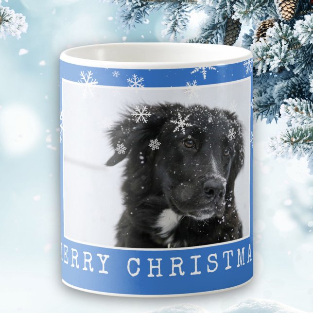 Caneca De Café Blue Snowflakes Cão Pet Foto Feliz Natal (Criador carregado)