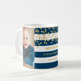 Caneca De Café Blue Strips Foto Dourada Melhor Natal para a vovó