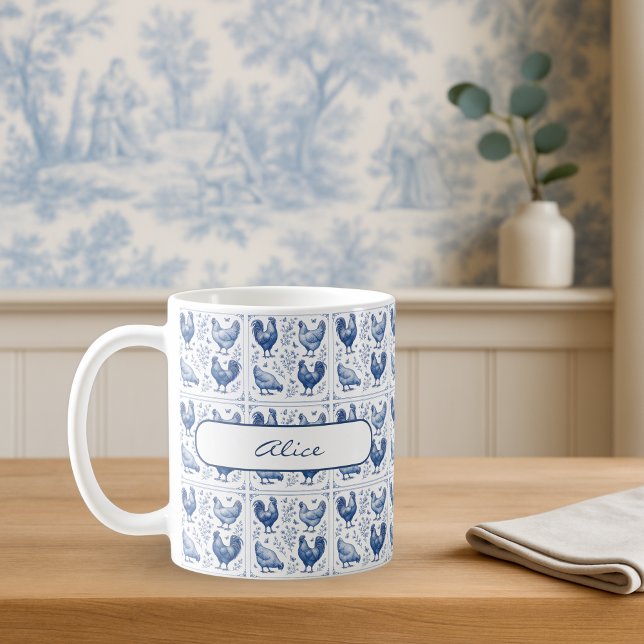 Caneca De Café Blue Toile Country Farmhouse Mug (Personalized Blue Toile Chicken Mug French Country Farmhouse Coffee Cup)