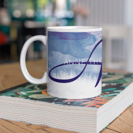 Caneca De Café Blue Watercolor com nome e inicial (Monograma)