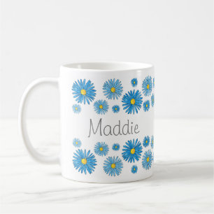 Caneca De Café Blue Watercolor e Asters Canetas Garland