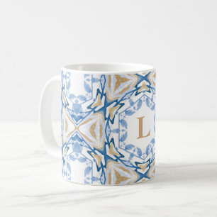 Caneca De Café Blue Watercolor e Monograma Dourado