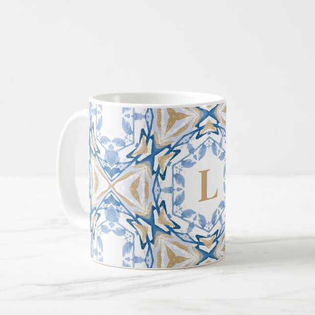 Caneca De Café Blue Watercolor e Monograma Dourado (Frente Esquerda)
