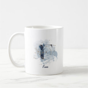 Caneca De Café Blue Watercolor - Nome Personalizado - Letra F Ini