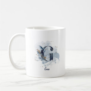 Caneca De Café Blue Watercolor - Nome Personalizado - Letra G Ini