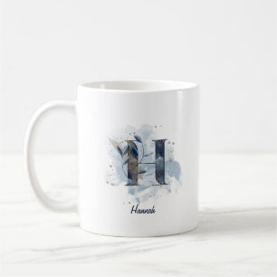 Caneca De Café Blue Watercolor - Nome Personalizado - Letra H Ini