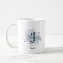 Caneca De Café Blue Watercolor - Nome Personalizado - Letra J Ini
