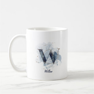 Caneca De Café Blue Watercolor - Nome Personalizado - Letra W Ini