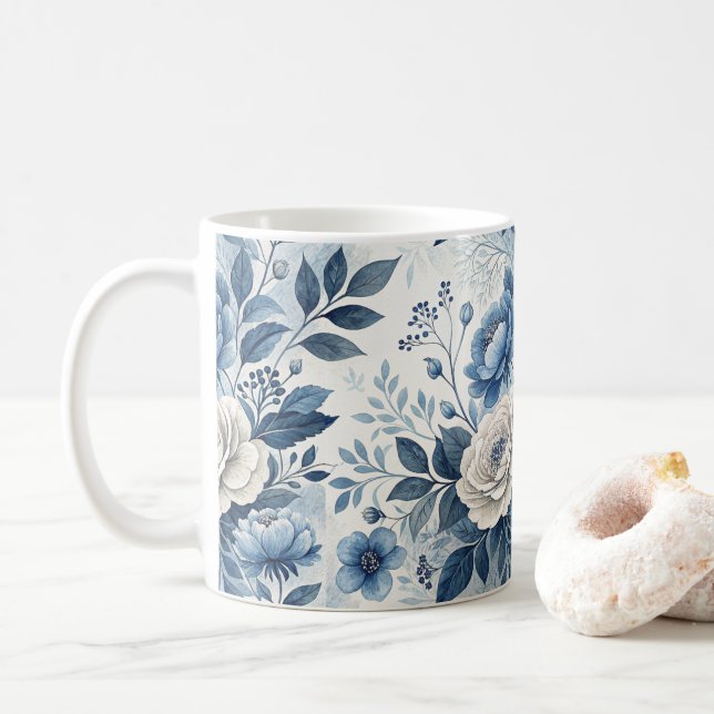 Caneca De Café Blue & White Peony Floral Mug – Elegant Botanical  (Com Donut)
