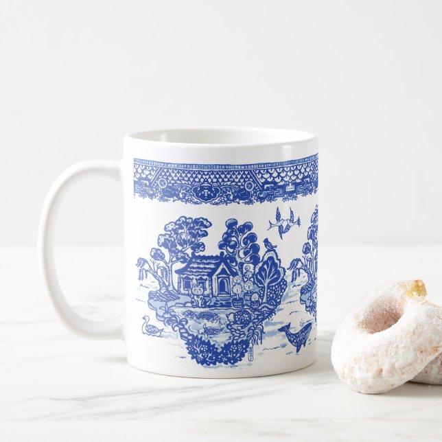 Caneca De Café Blue Willow Lucky Cat Koi Ilha de Animais Divertid (Com Donut)
