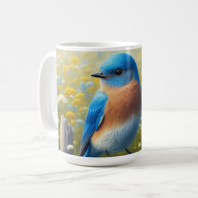Caneca De Café Bluebird Empenhado na cerca de madeira (Frente Esquerda)