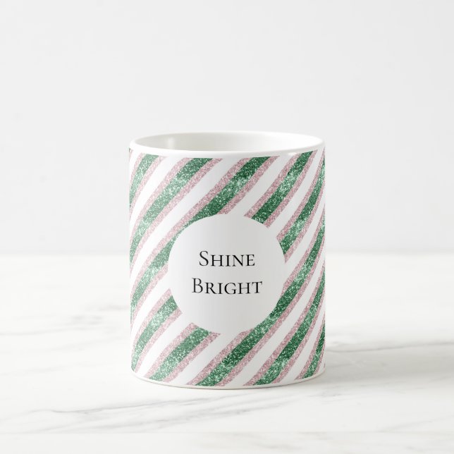 Caneca De Café Blush Pink Green Glitzy Stripes Christmas (Centro)
