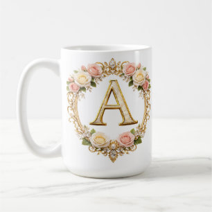 Caneca De Café Blush Rosa Dourado Floral Monograma Letra A Casame
