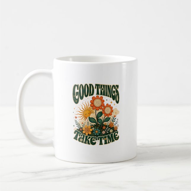 Caneca De Café Boas Coisas Levam Tempo Retro Floral Boho (Esquerda)