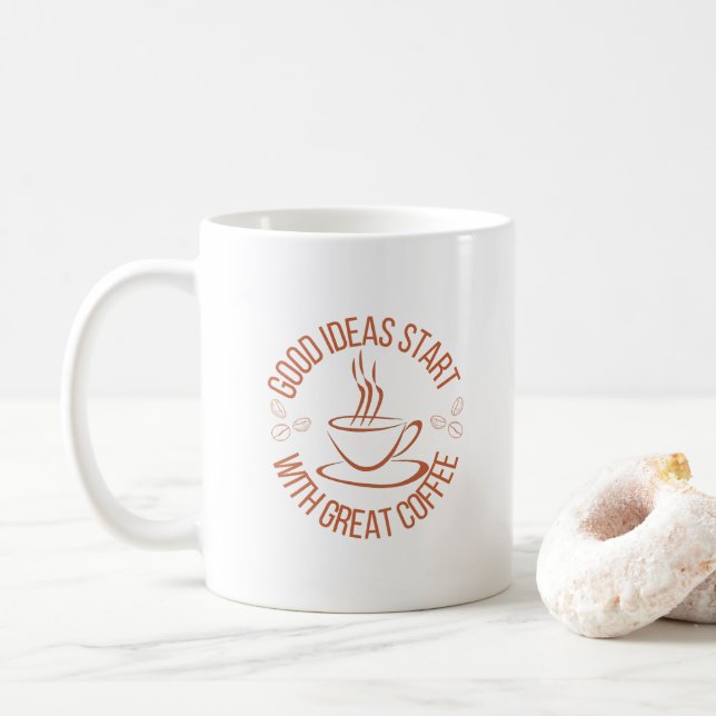 Caneca De Café "Boas Ideias Começam Com Café Excelente" (Com Donut)