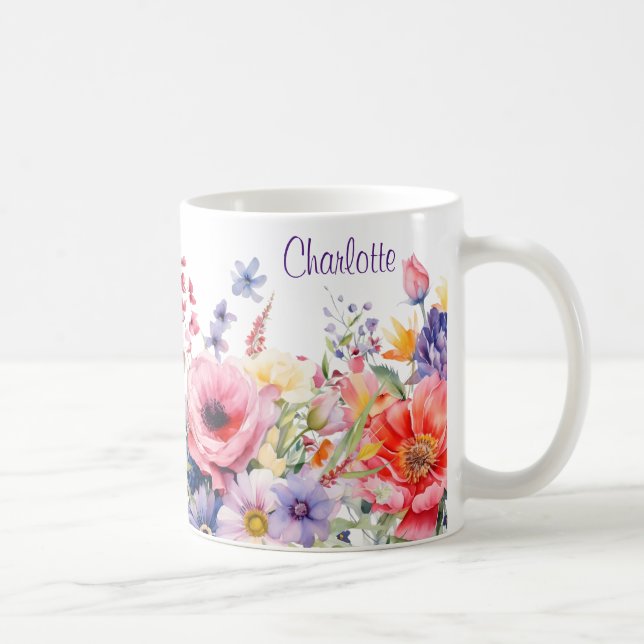 Caneca De Café Boas-vindas Flores de primavera adiciona nome Dif  (Direita)