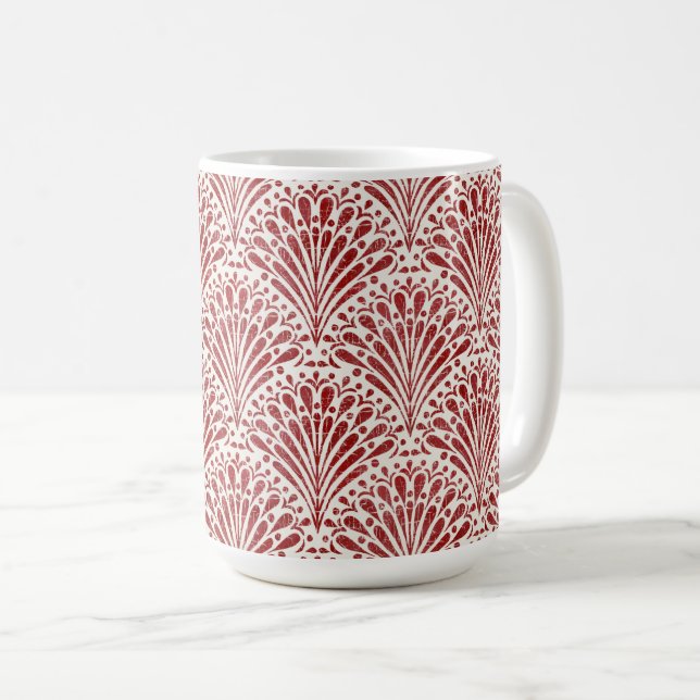 Caneca De Café Boêmia Desenhada à Mão, Scallops, Vermelho em Crem (Frente Esquerda)