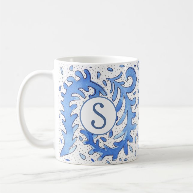 Caneca De Café Boêmian Monogramed Blue & White Personalised Mug (Esquerda)