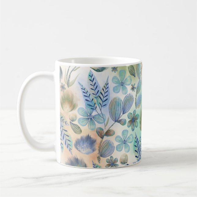 Caneca De Café Boho Azul Verde Floral Botânico Caprichoso  (Esquerda)