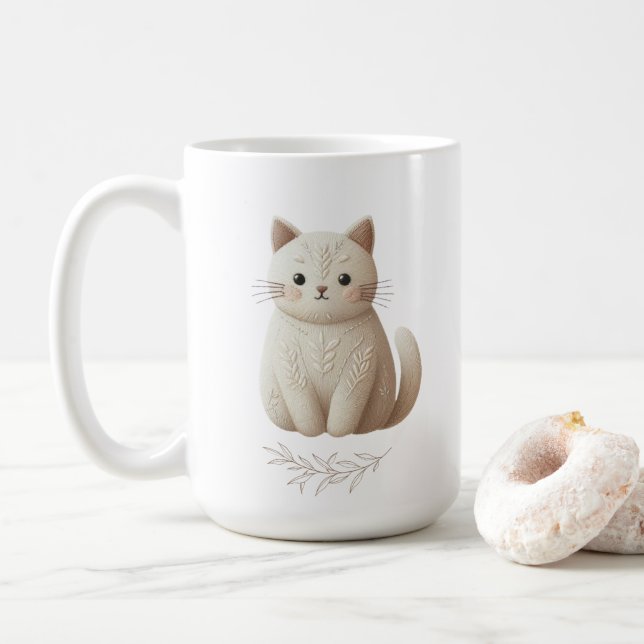 Caneca De Café Boho Bordado Beige Gatinho com Folhas (Com Donut)