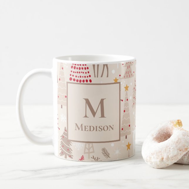 Caneca De Café Boho Christmas Trees com Monograma e Nome (Com Donut)