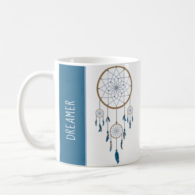 Caneca De Café Boho Dreamcatcher Quatro Penas Azuis da Web (Esquerda)