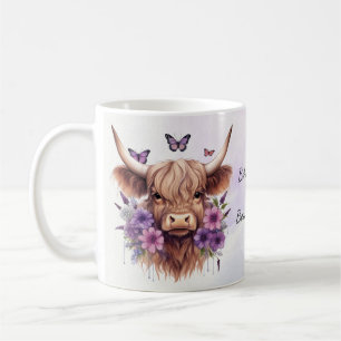 Caneca De Café Boho Dreams Floral Purple Highland Cow Whimical