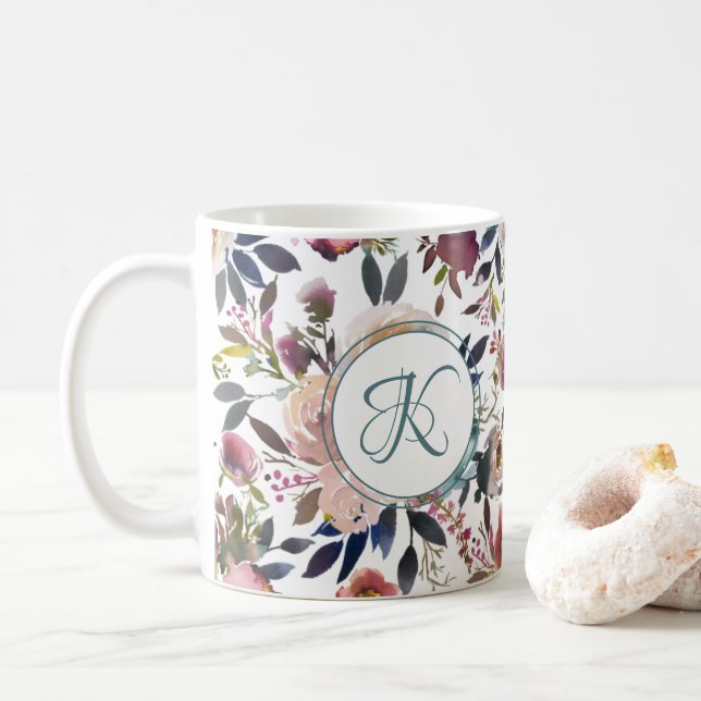 Caneca De Café Boho Flor Verde Rosa Monograma (Com Donut)