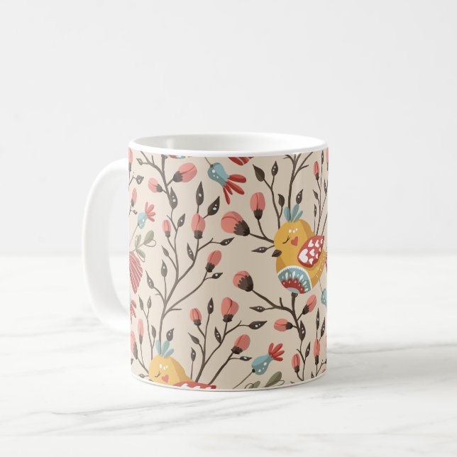 Caneca De Café Boho Floral Birds Garden Patterno (Frente Esquerda)