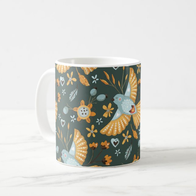 Caneca De Café Boho Floral Birds Garden Patterno (Frente Esquerda)