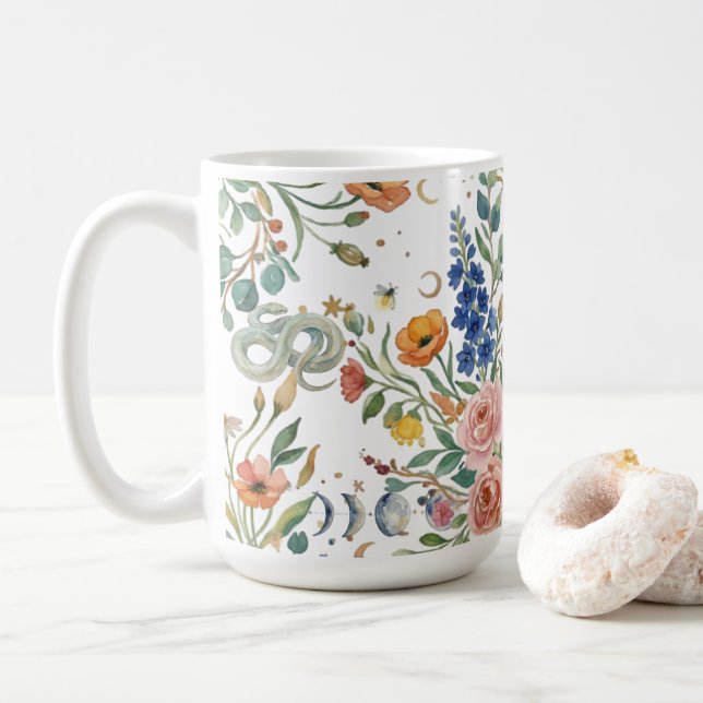 Caneca De Café Boho Floral Celestial Lua & Cobras Botânico (Com Donut)