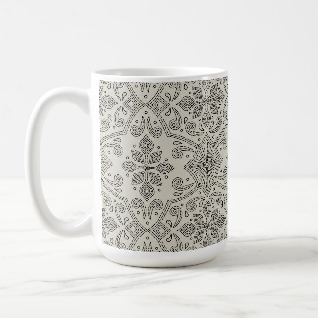 Caneca De Café Boho Floral Damask Line Art, Black on Beige (Esquerda)
