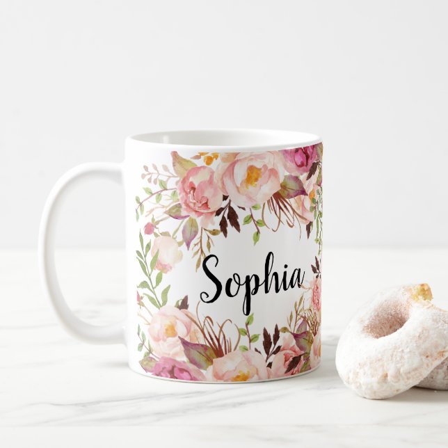 Caneca De Café Boho Floral de Nome Personalizado Personalizado (Com Donut)