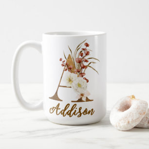Caneca De Café Boho Floral letra A Monograma Favor de Casamento