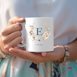 Caneca De Café Boho Floral Monogramas Mug com Nome Editável