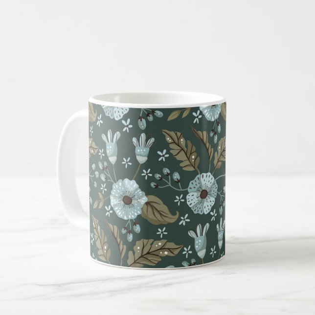 Caneca De Café Boho Floral Padrão Azul (Frente Esquerda)