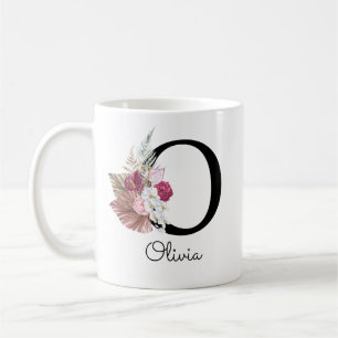 Caneca De Café Boho Floral Rosa Monogramado Inicial O