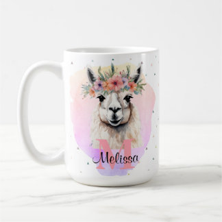 Caneca De Café Boho Floral Wildflower Llama Bonito Animal Rosa