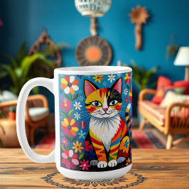 Caneca De Café Boho Folk Art Cat, Flowers & Butterfly