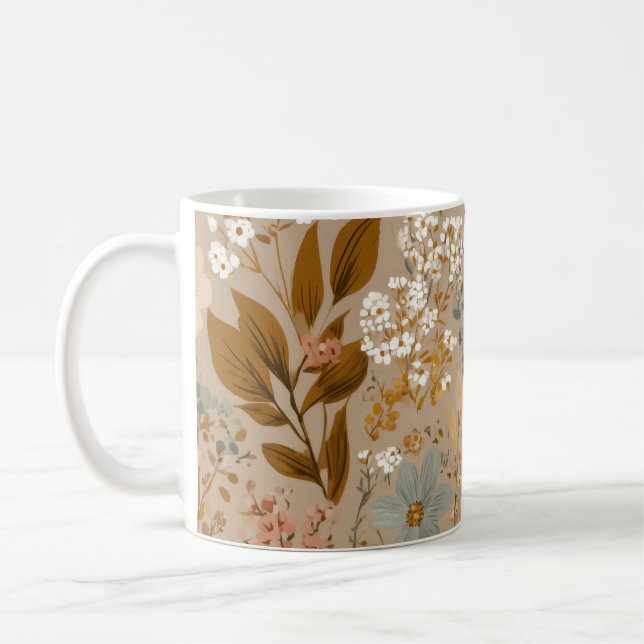 Caneca De Café Boho Folk Autumn Cozy Flowers Neutral Floral (Esquerda)