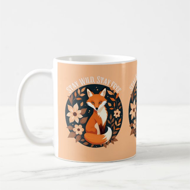 Caneca De Café Boho Fox "Fique Selvagem, Fique Livre" Design Wood (Esquerda)