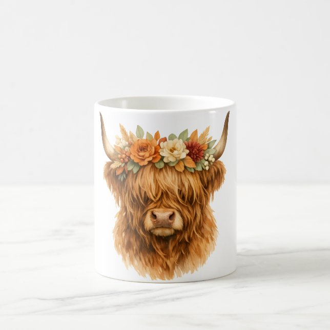 Caneca De Café Boho Highland Cow Almofada de Arremesso com Coroa  (Centro)