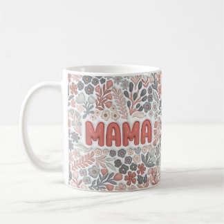 Caneca De Café Boho Mama Cinza Rosa Floral Efeito 3D
